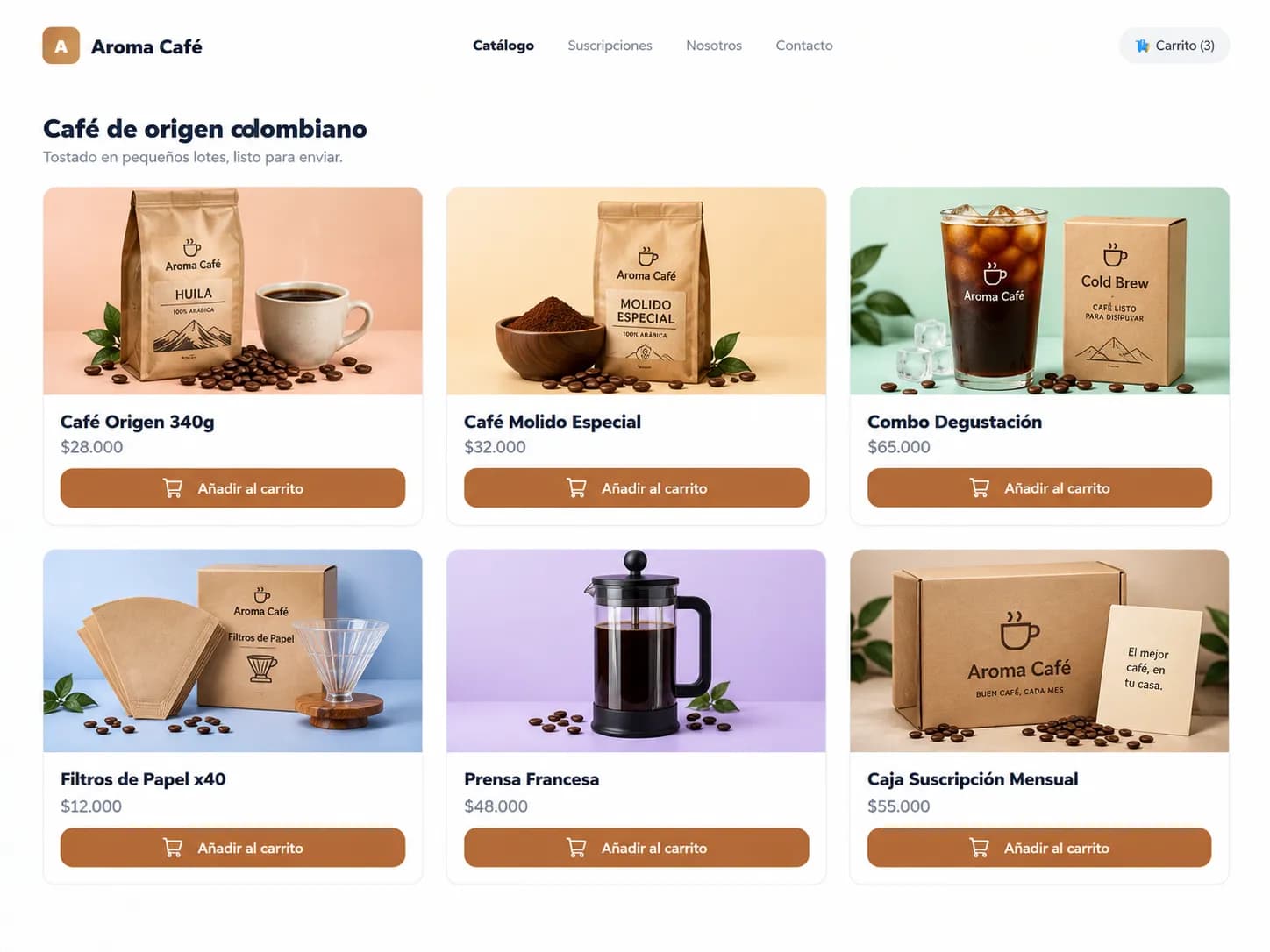 Catálogo de ejemplo de una tienda de café creada con Jshopp
